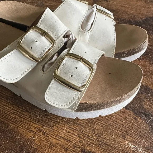 Rialto Womens Farina Sandals 8.5 White Slip On Slides Comfy Cork Wedge Platform - Picture 1 of 11